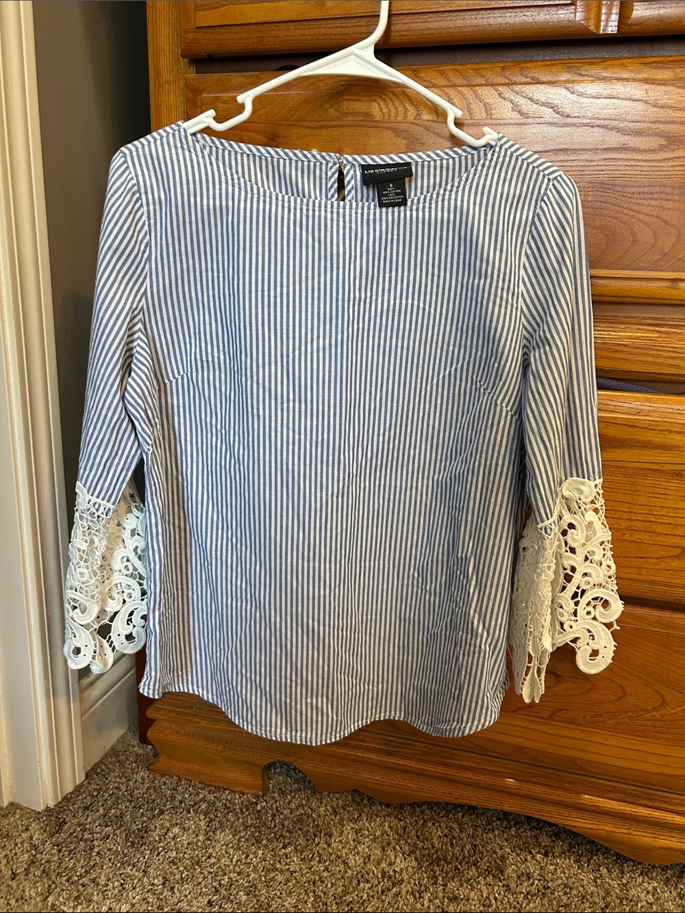 Liz Claiborne Blue and White Striped Top with Lace Sleeves
